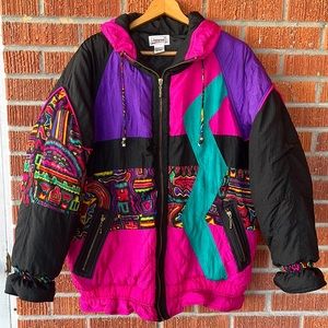 Vintage Janeve 90s Style Funky Colorful Windbreaker Jacket Abstract Purple Black